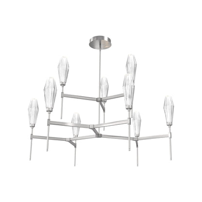 Aalto Two-Tier Round Belvedere LED Chandelier in Satin Nickel/Clear Blown Glass.