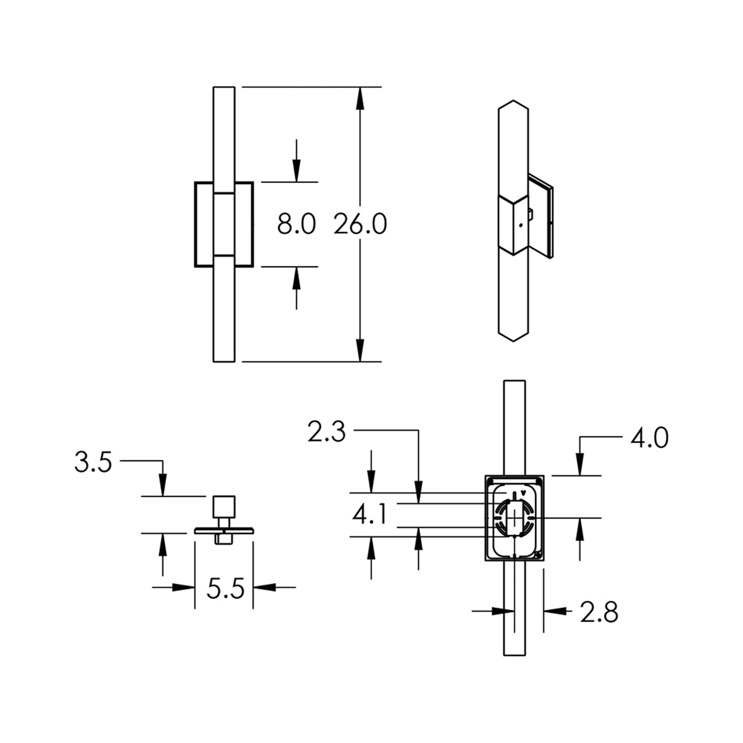Axis Double LED Wall Light in - line drawing.