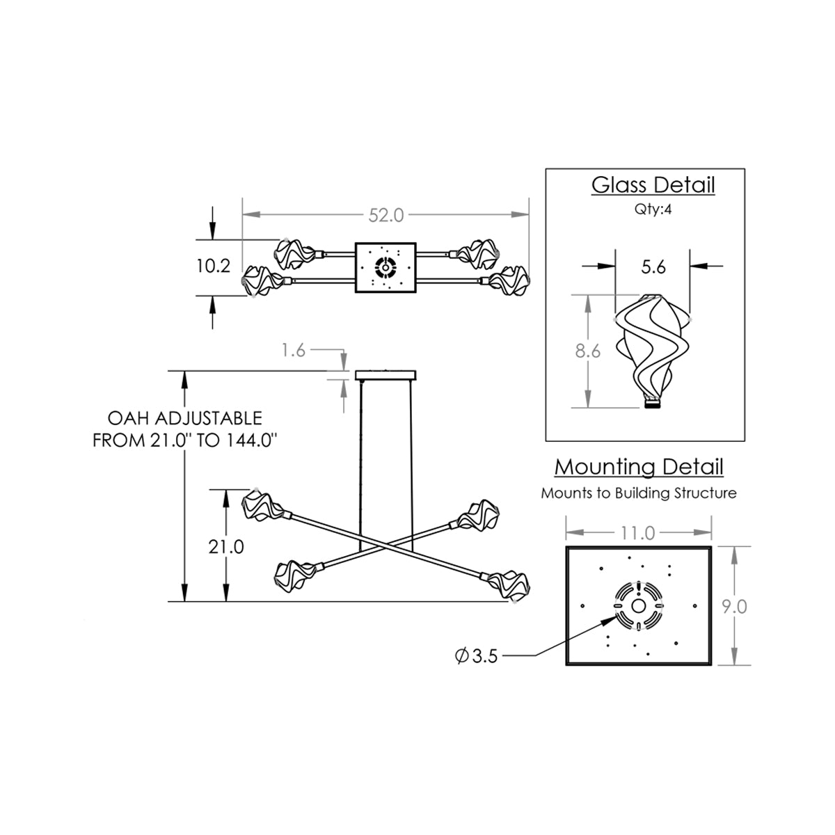 Blossom Double Moda Linear LED Chandelier - line drawing.