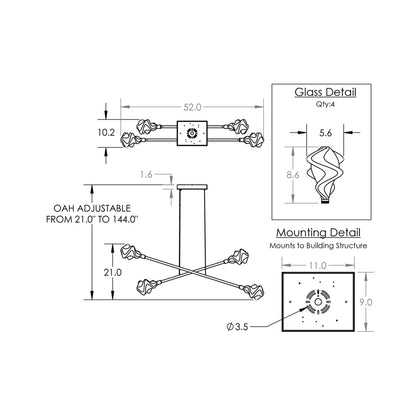 Blossom Double Moda Linear LED Chandelier - line drawing.