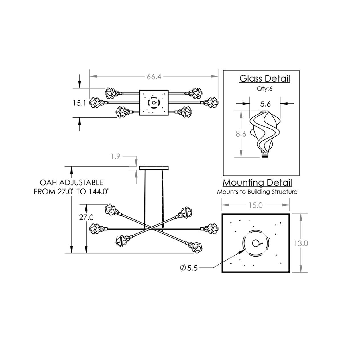 Blossom Triple Moda Linear LED Chandelier - line drawing.