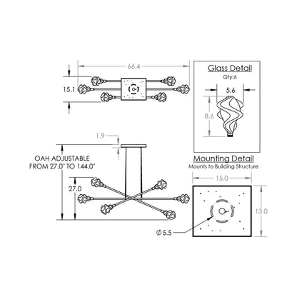 Blossom Triple Moda Linear LED Chandelier - line drawing.