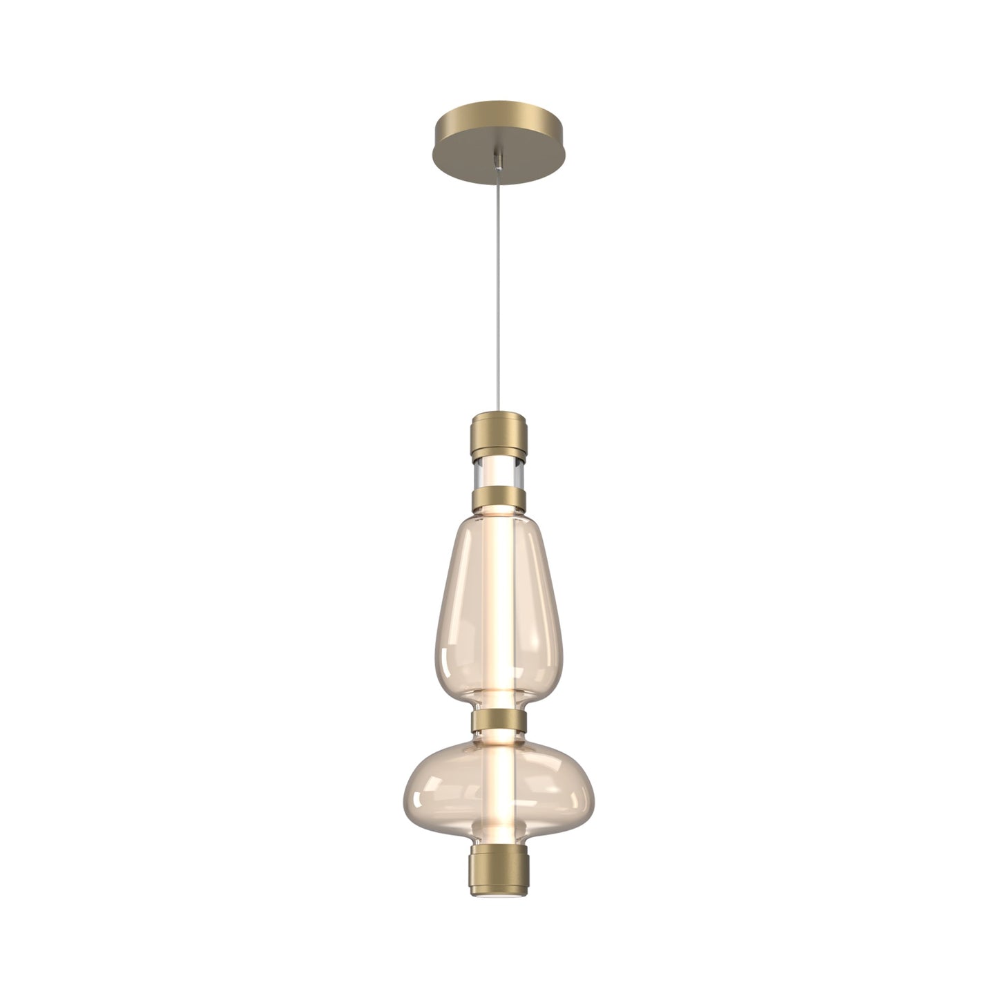 Bolla Mandrel LED Pendant Light in Gilded Brass/Amber Blown Glass.