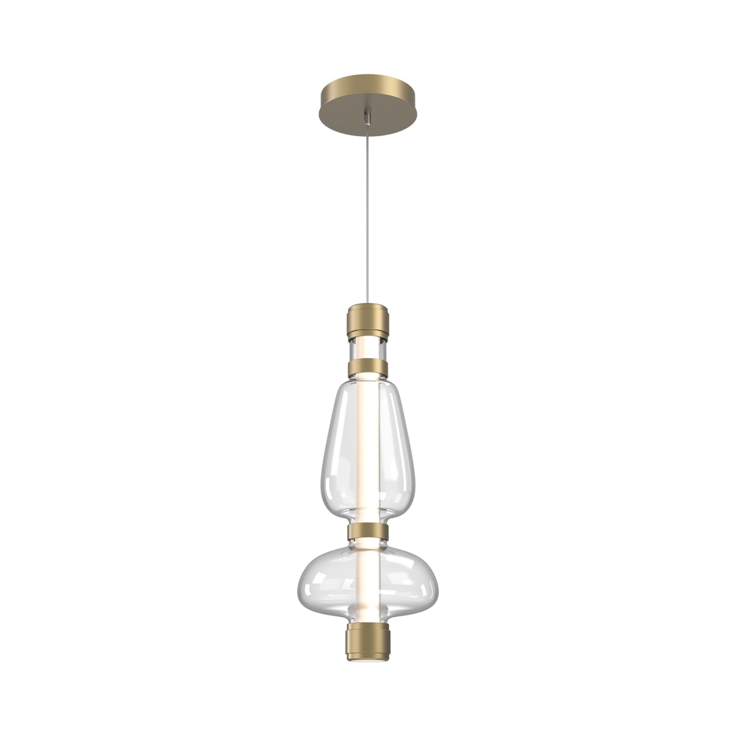 Bolla Mandrel LED Pendant Light in Gilded Brass/Clear Blown Glass.