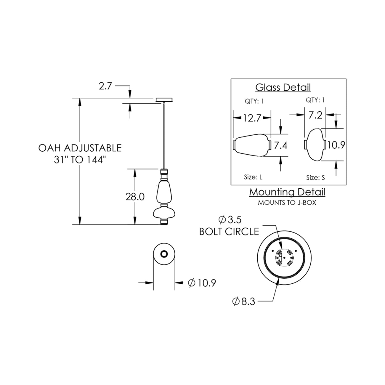 Bolla Mandrel LED Pendant Light - line drawing.