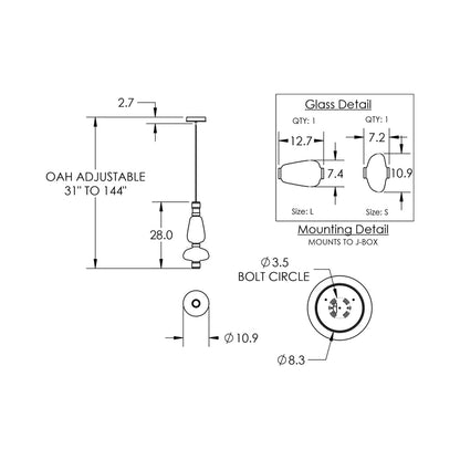 Bolla Mandrel LED Pendant Light - line drawing.