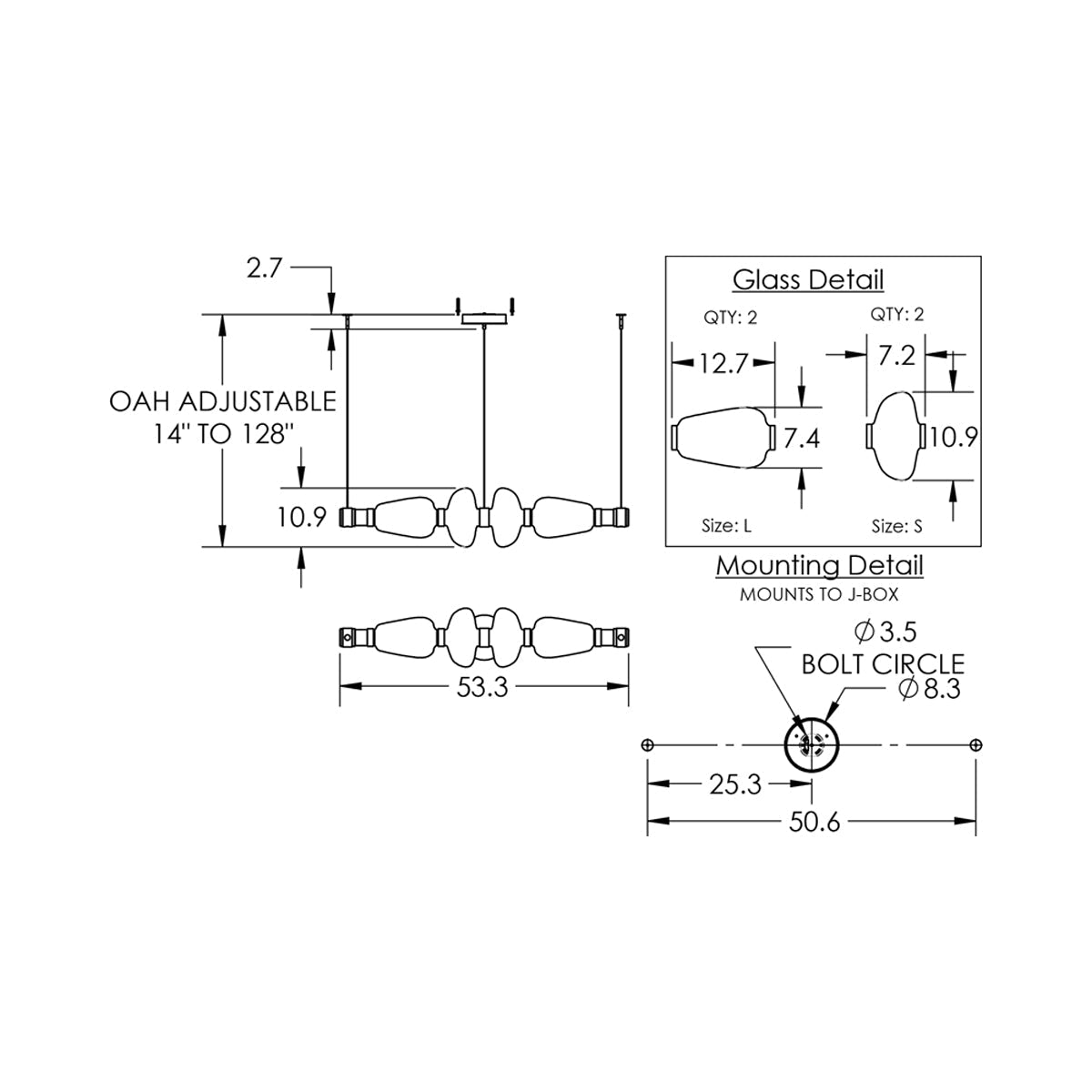 Bolla Mandrel Linear LED Chandelier - line drawing.