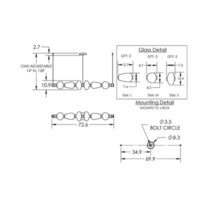 Bolla Mandrel Linear LED Chandelier - line drawing.