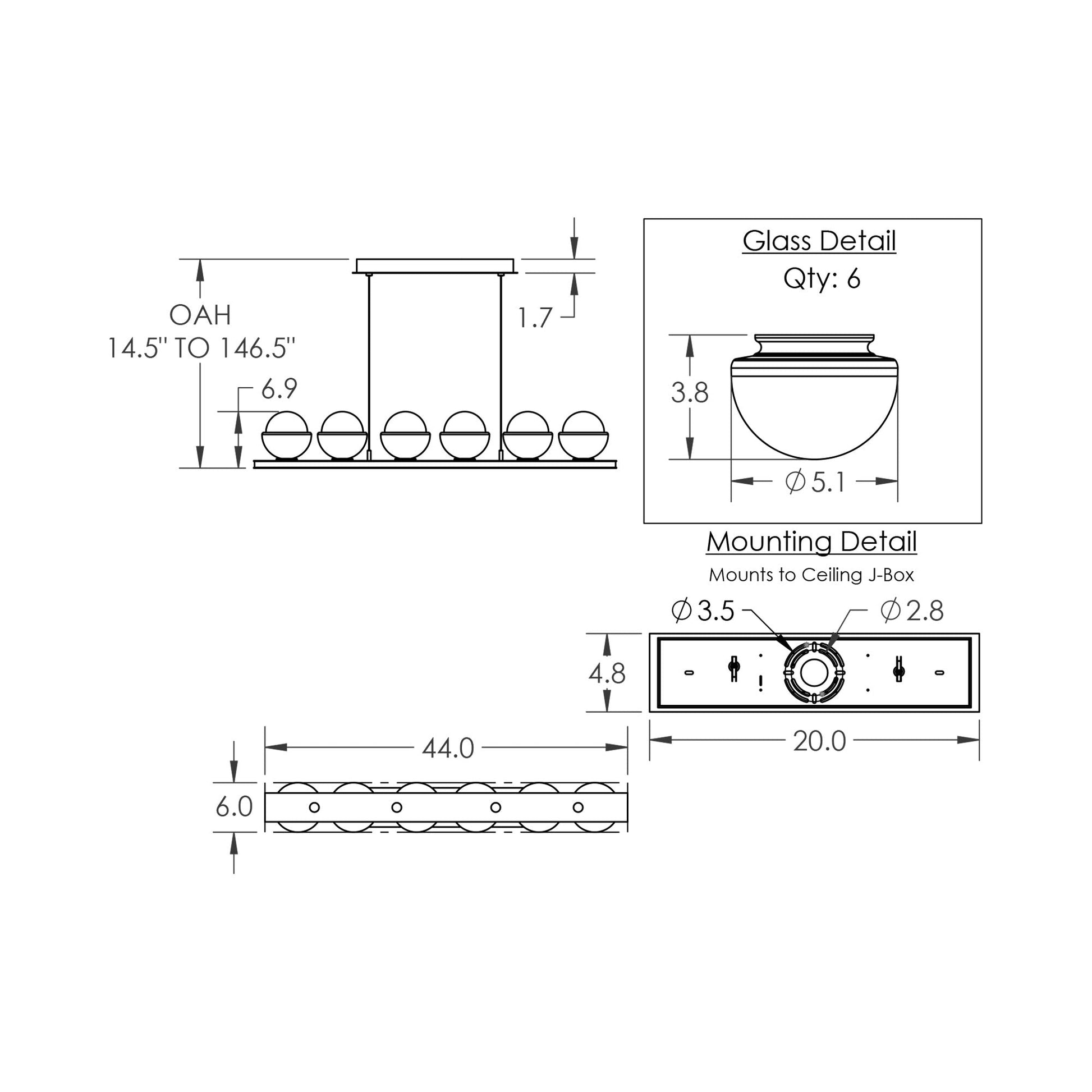 Cabochon Amber Linear LED Chandelier - line drawing.