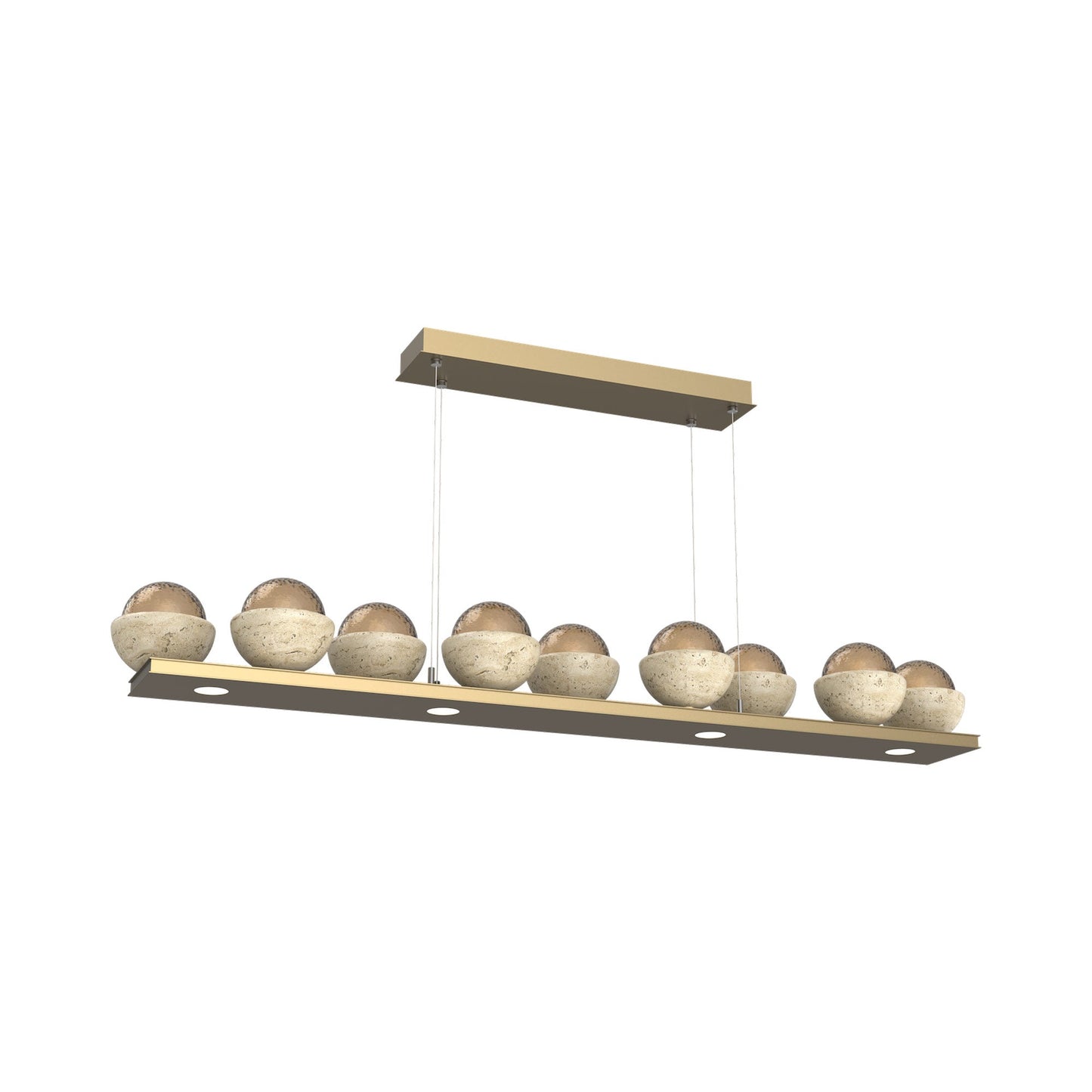 Cabochon Bronze Linear LED Chandelier in Gilded Brass/Travertine (58.8-Inch).
