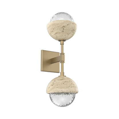 Cabochon Double LED Wall Light in Gilded Brass/Clear Blown Glass (Travertine).