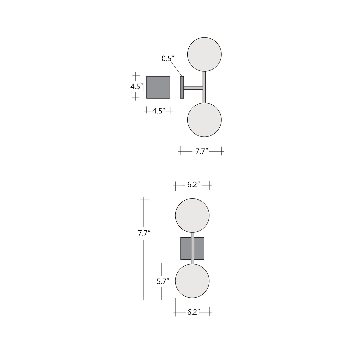 Cabochon Double LED Wall Light - line drawing.