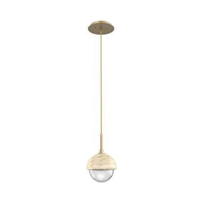 Cabochon LED Pendant Light in Gilded Brass/Travertine.