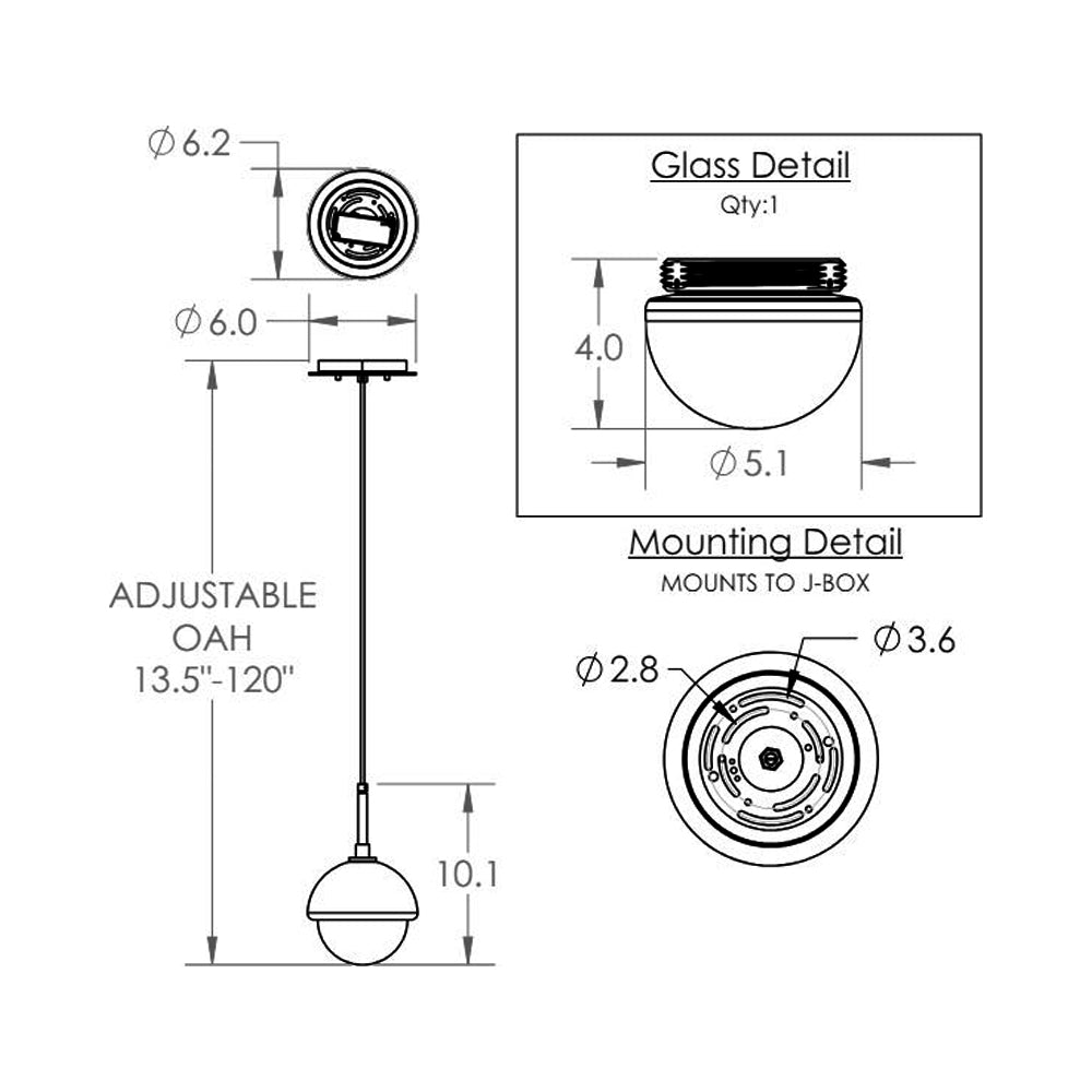 Cabochon LED Pendant Light - line drawing.