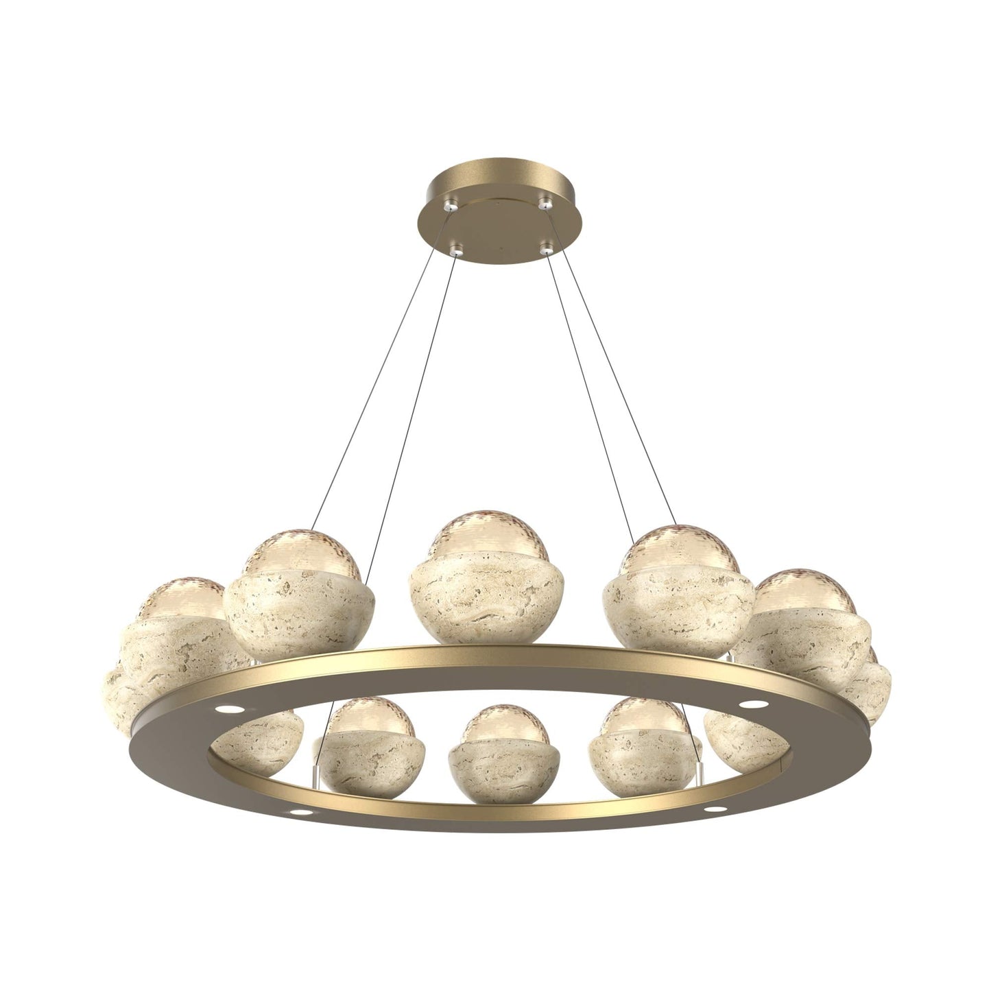 Cabochon Ring Amber LED Chandelier in Gilded Brass/Travertine (36.7-Inch).