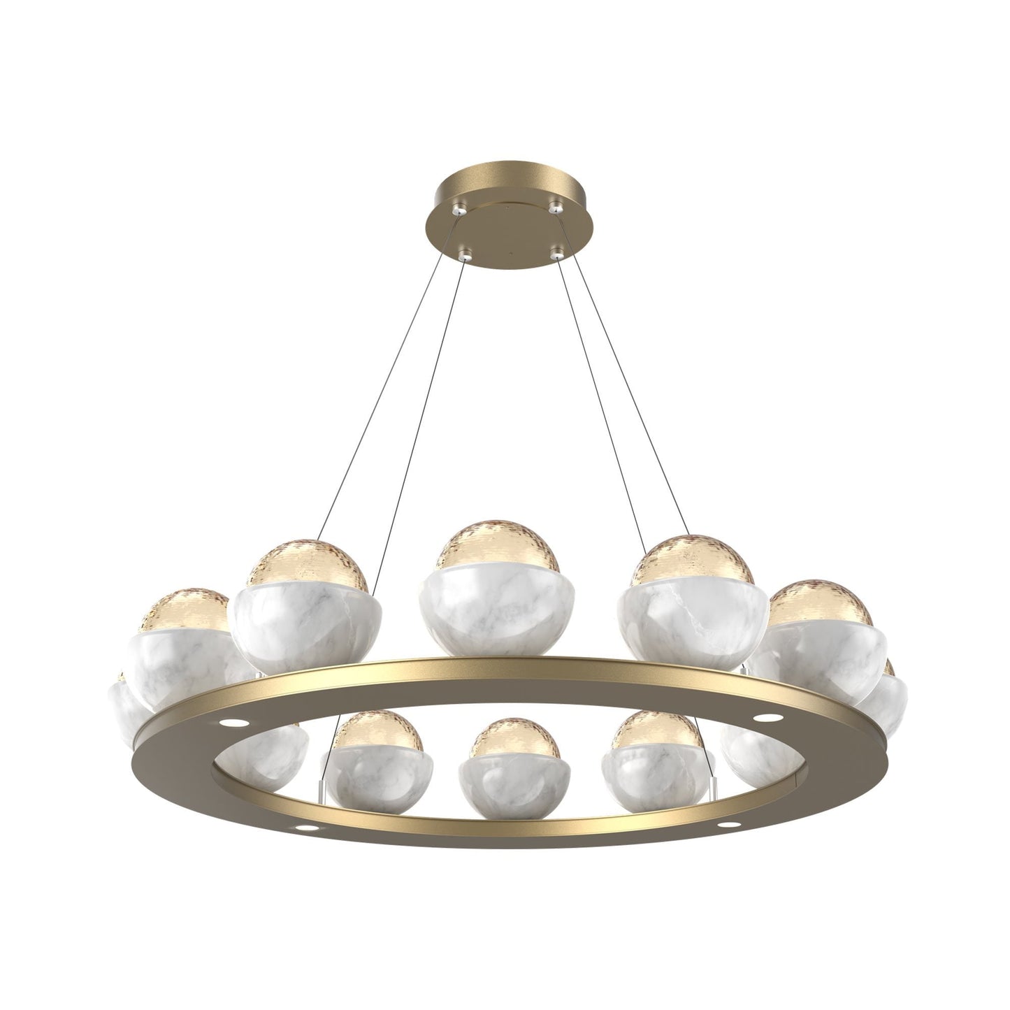 Cabochon Ring Amber LED Chandelier in Gilded Brass/White Marble (36.7-Inch).