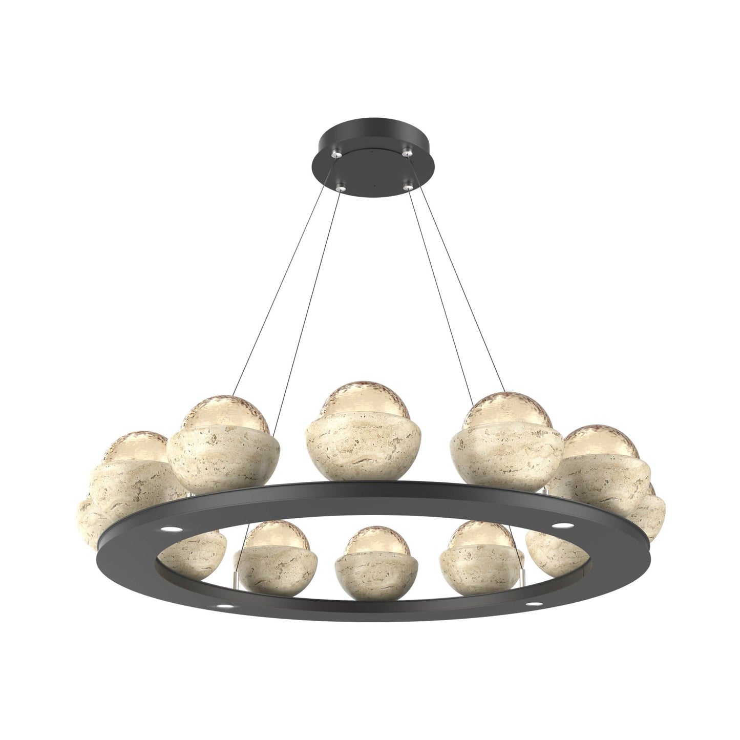 Cabochon Ring Amber LED Chandelier in Matte Black/Travertine (36.7-Inch).