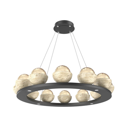 Cabochon Ring Amber LED Chandelier in Matte Black/Travertine (36.7-Inch).