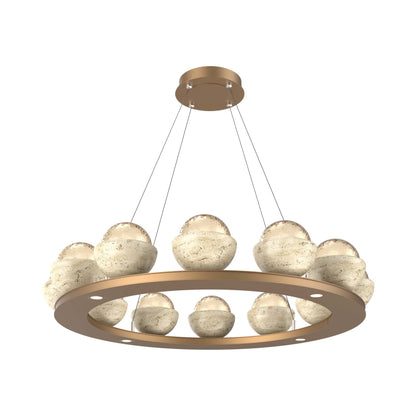 Cabochon Ring Amber LED Chandelier in Novel Brass/Travertine (36.7-Inch).