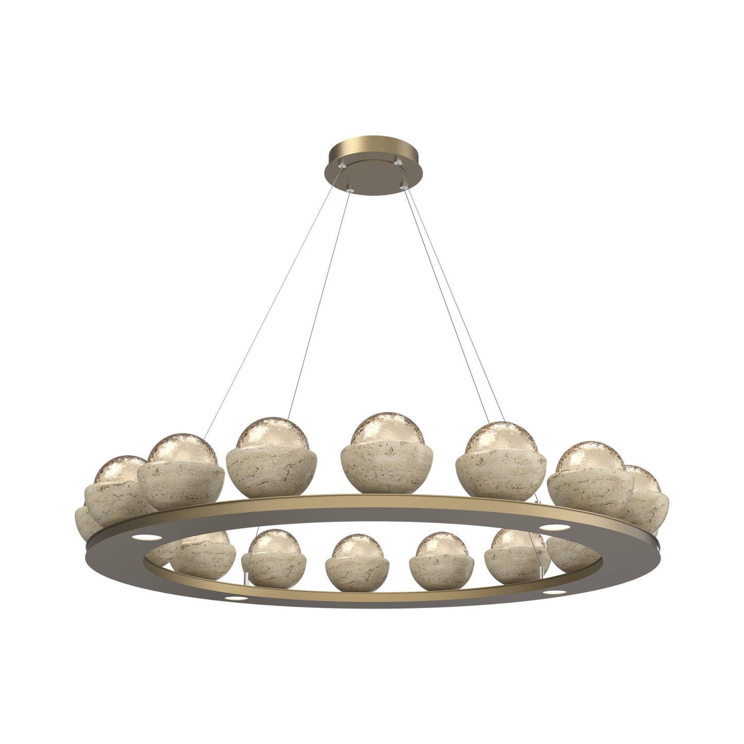 Cabochon Ring Amber LED Chandelier in Gilded Brass/Travertine (46.8-Inch).