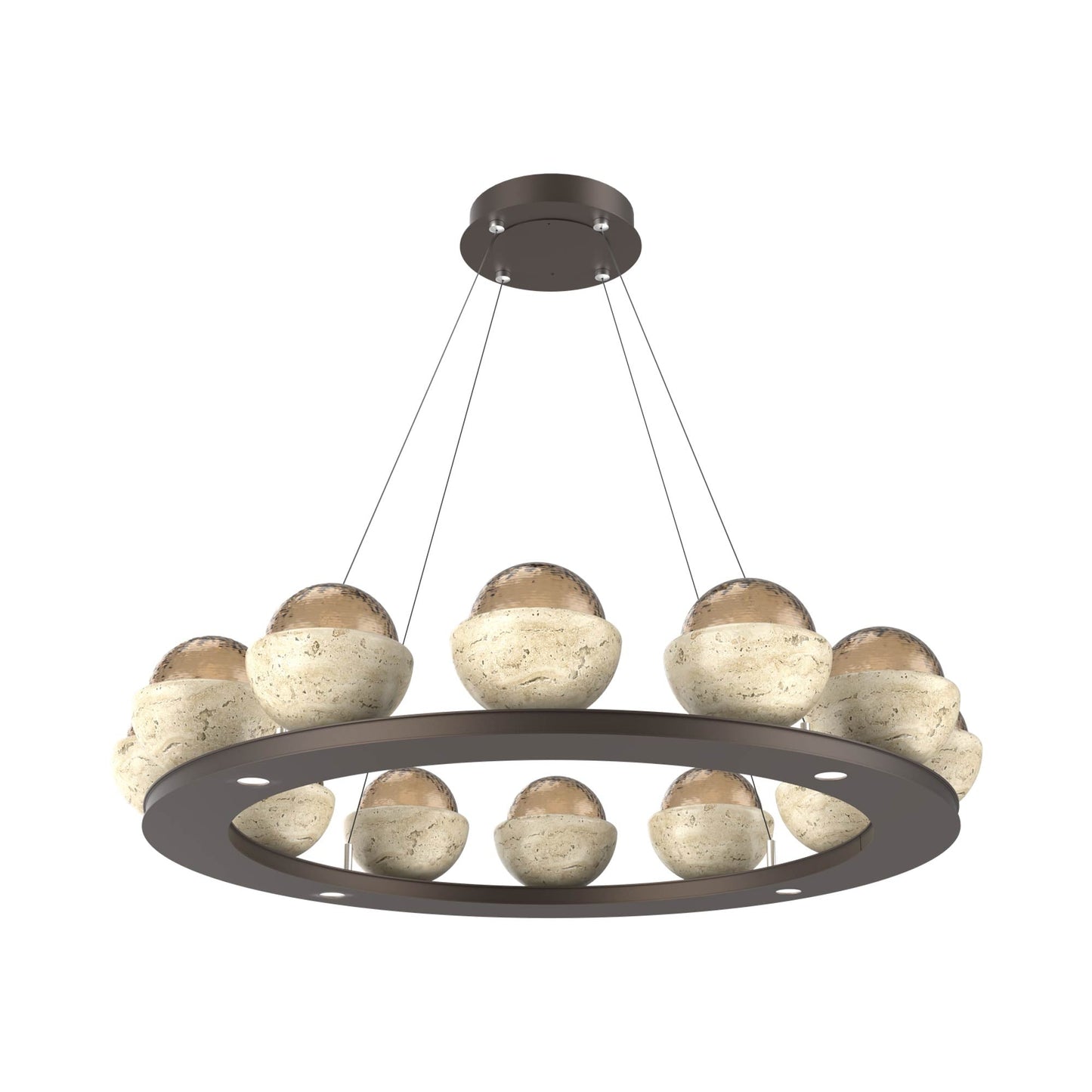Cabochon Ring Bronze LED Chandelier in Flat Bronze/Travertine (36.7-Inch).