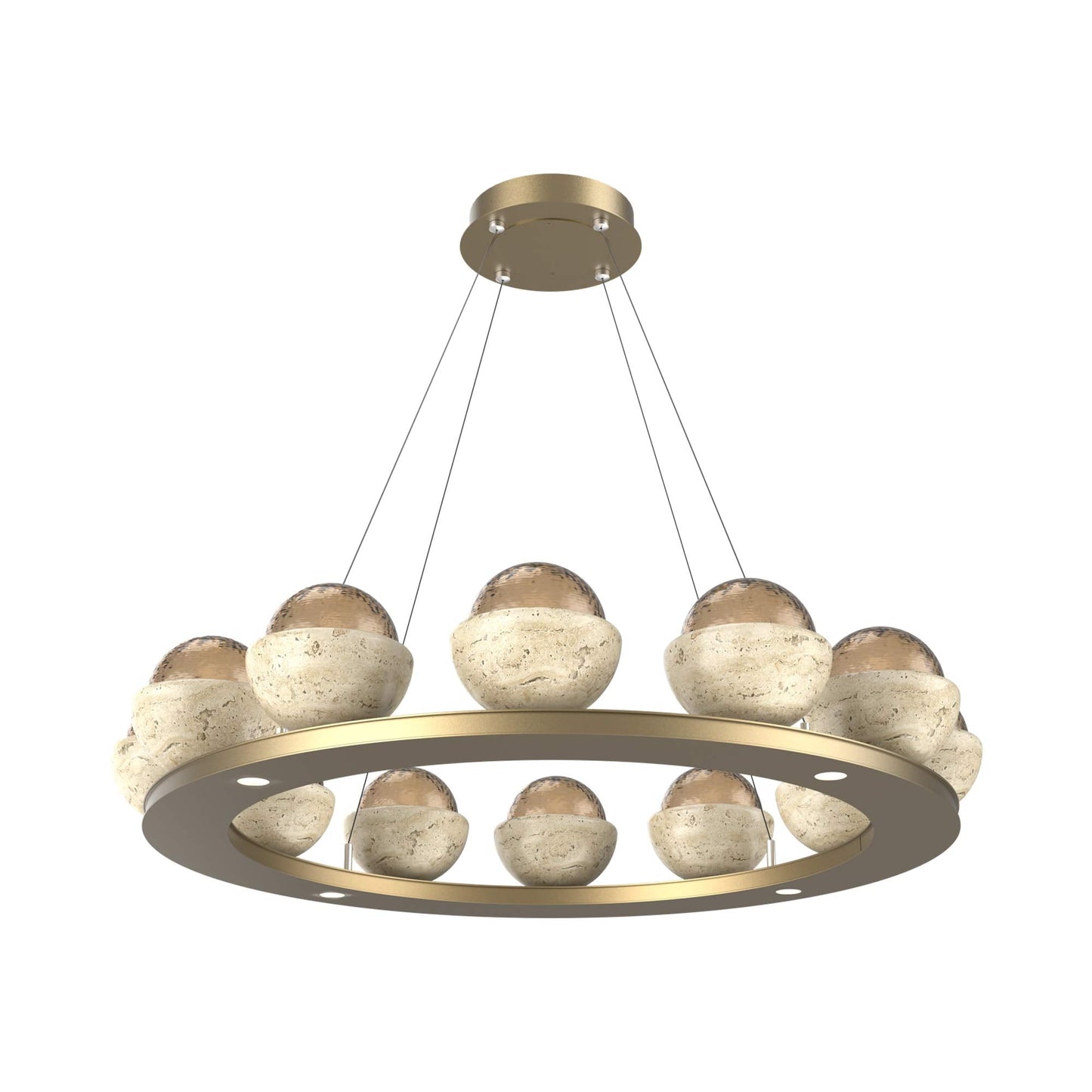 Cabochon Ring Bronze LED Chandelier in Gilded Brass/Travertine (36.7-Inch).