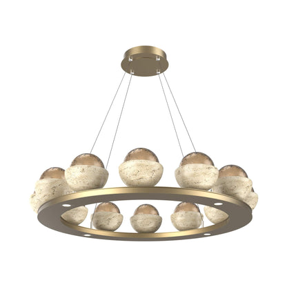 Cabochon Ring Bronze LED Chandelier in Gilded Brass/Travertine (36.7-Inch).