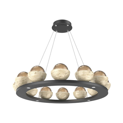 Cabochon Ring Bronze LED Chandelier in Matte Black/Travertine (36.7-Inch).