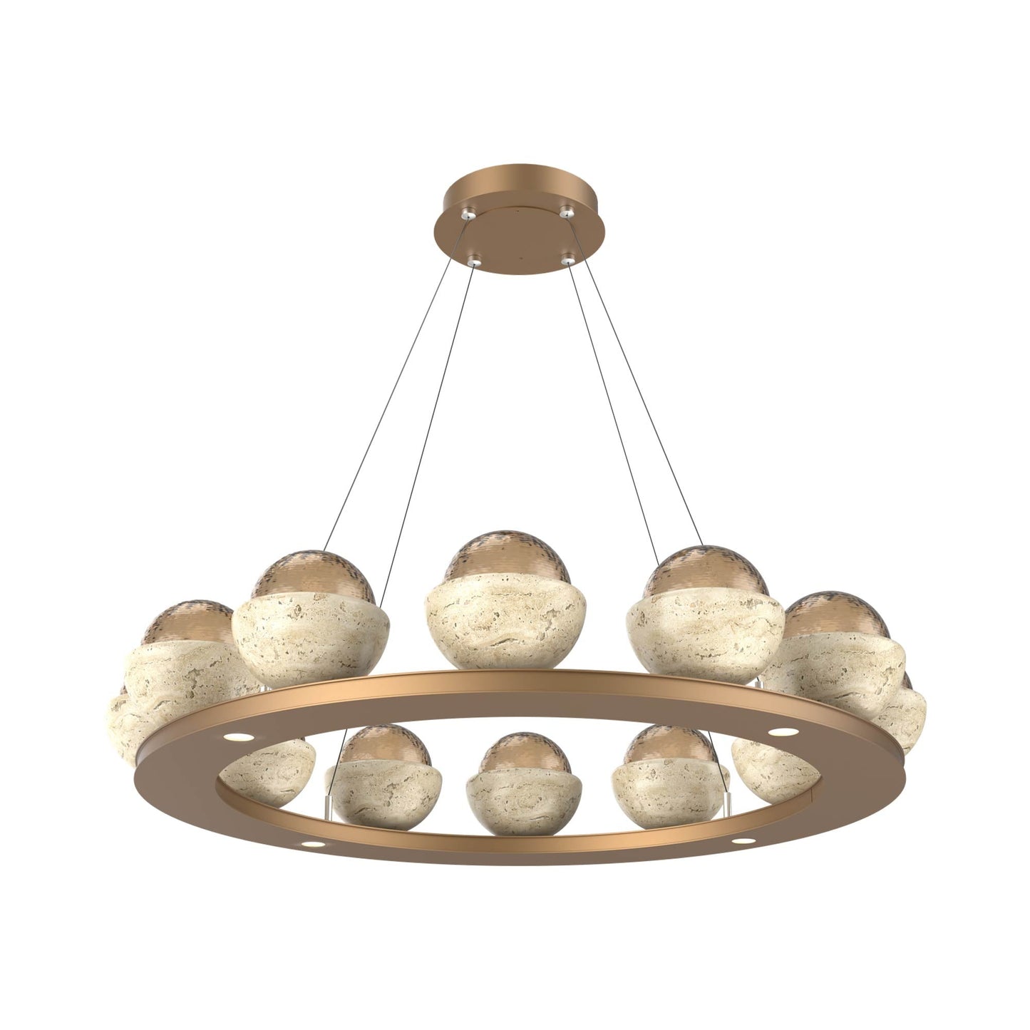 Cabochon Ring Bronze LED Chandelier in Novel Brass/Travertine (36.7-Inch).