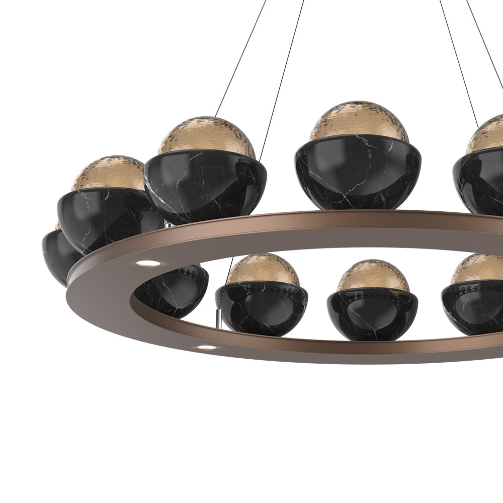 Cabochon Ring Bronze LED Chandelier in Detail.