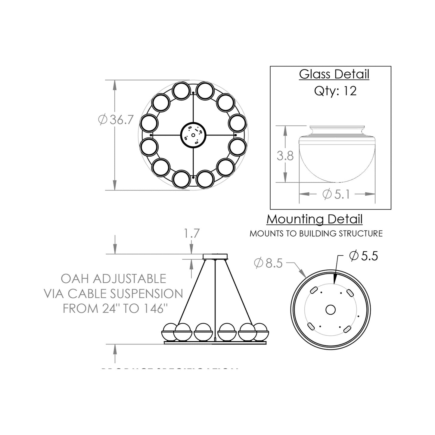 Cabochon Ring Bronze LED Chandelier - line drawing.