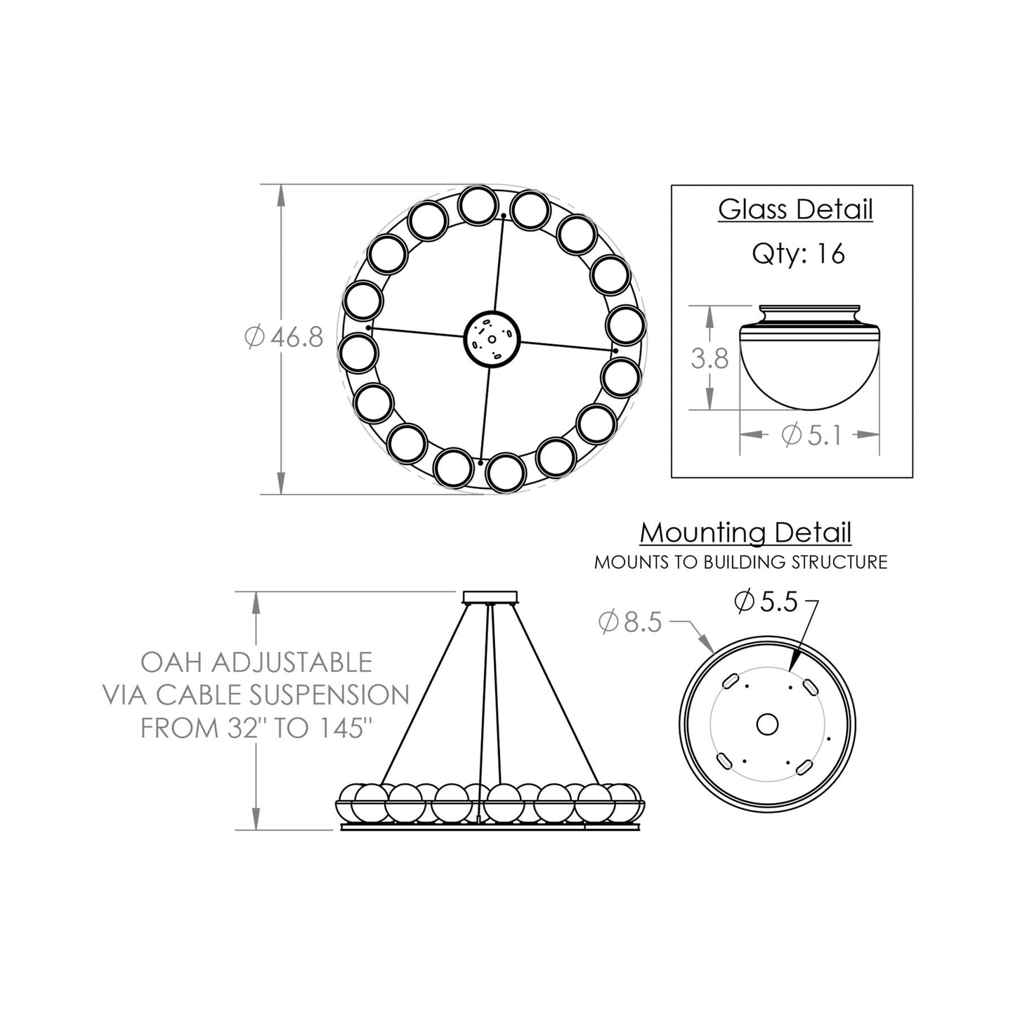 Cabochon Ring Bronze LED Chandelier - line drawing.