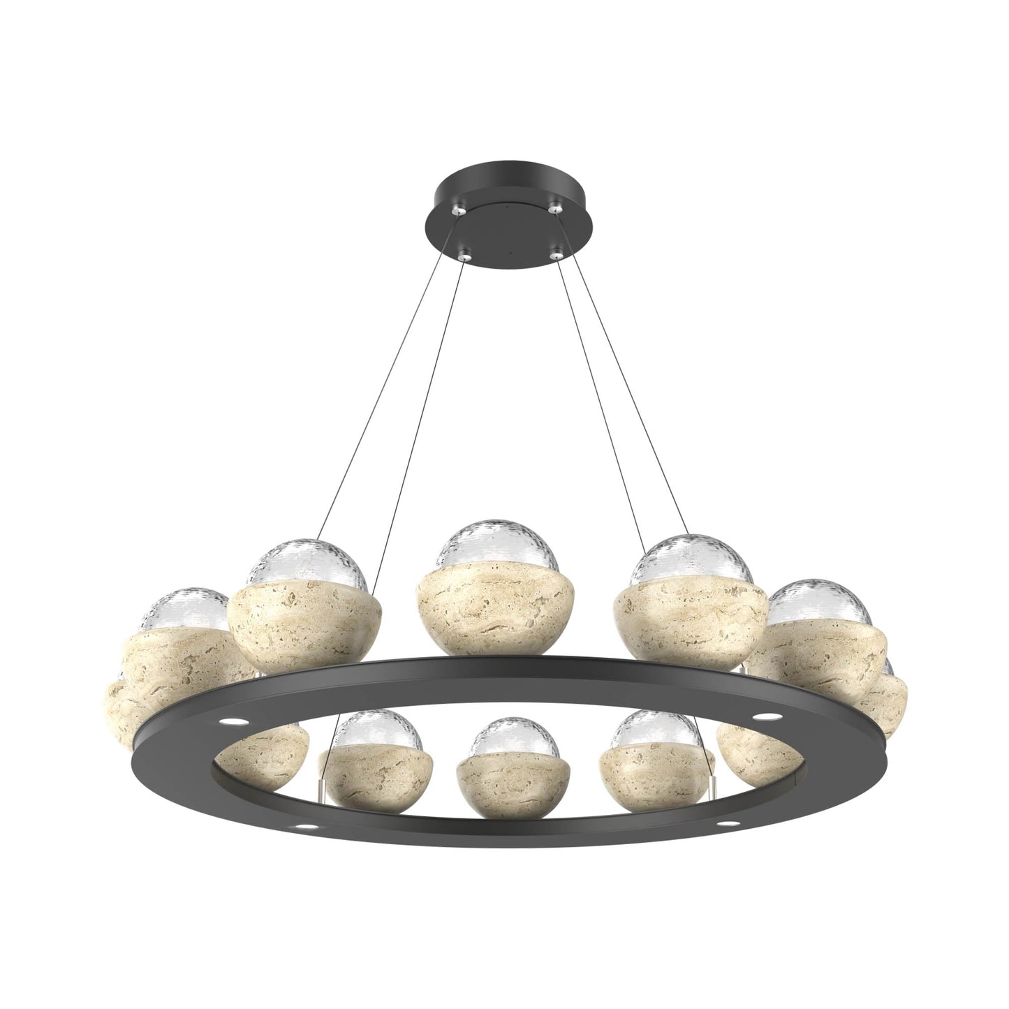 Cabochon Ring Clear LED Chandelier in Matte Black/Travertine (36.7-Inch).