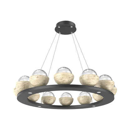 Cabochon Ring Clear LED Chandelier in Matte Black/Travertine (36.7-Inch).
