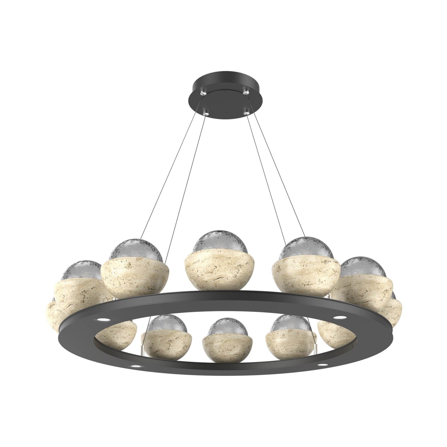 Cabochon Ring Smoke LED Chandelier in Matte Black/Travertine (36.7-Inch).