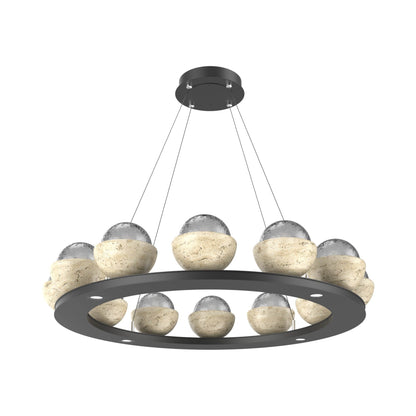 Cabochon Ring Smoke LED Chandelier in Matte Black/Travertine (36.7-Inch).