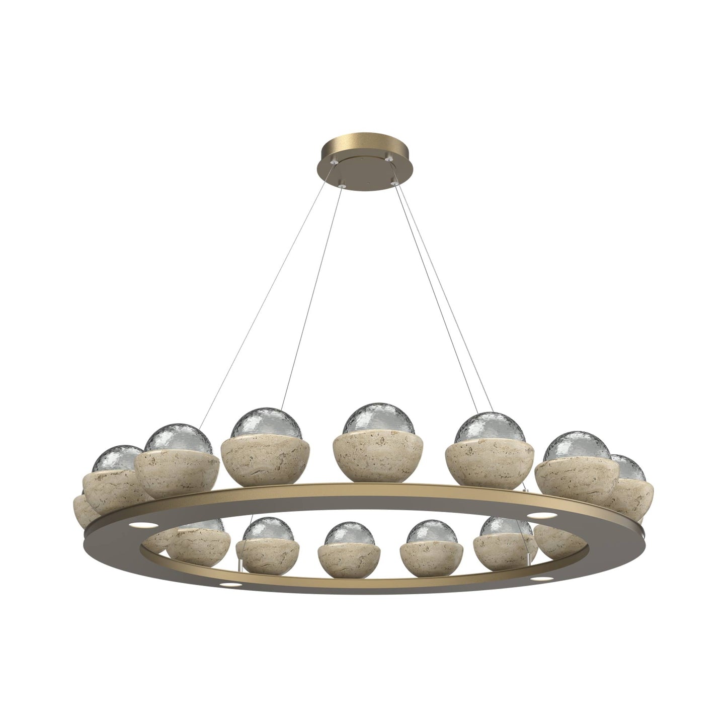 Cabochon Ring Smoke LED Chandelier in Gilded Brass/Travertine (46.8-Inch).
