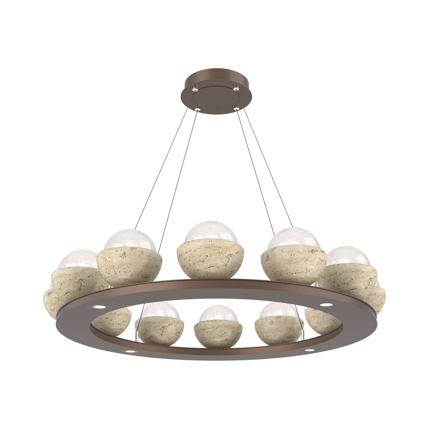 Cabochon Ring White LED Chandelier in Burnished Bronze/Travertine (36.7-Inch).