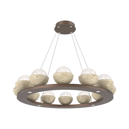 Cabochon Ring White LED Chandelier in Burnished Bronze/Travertine (36.7-Inch).