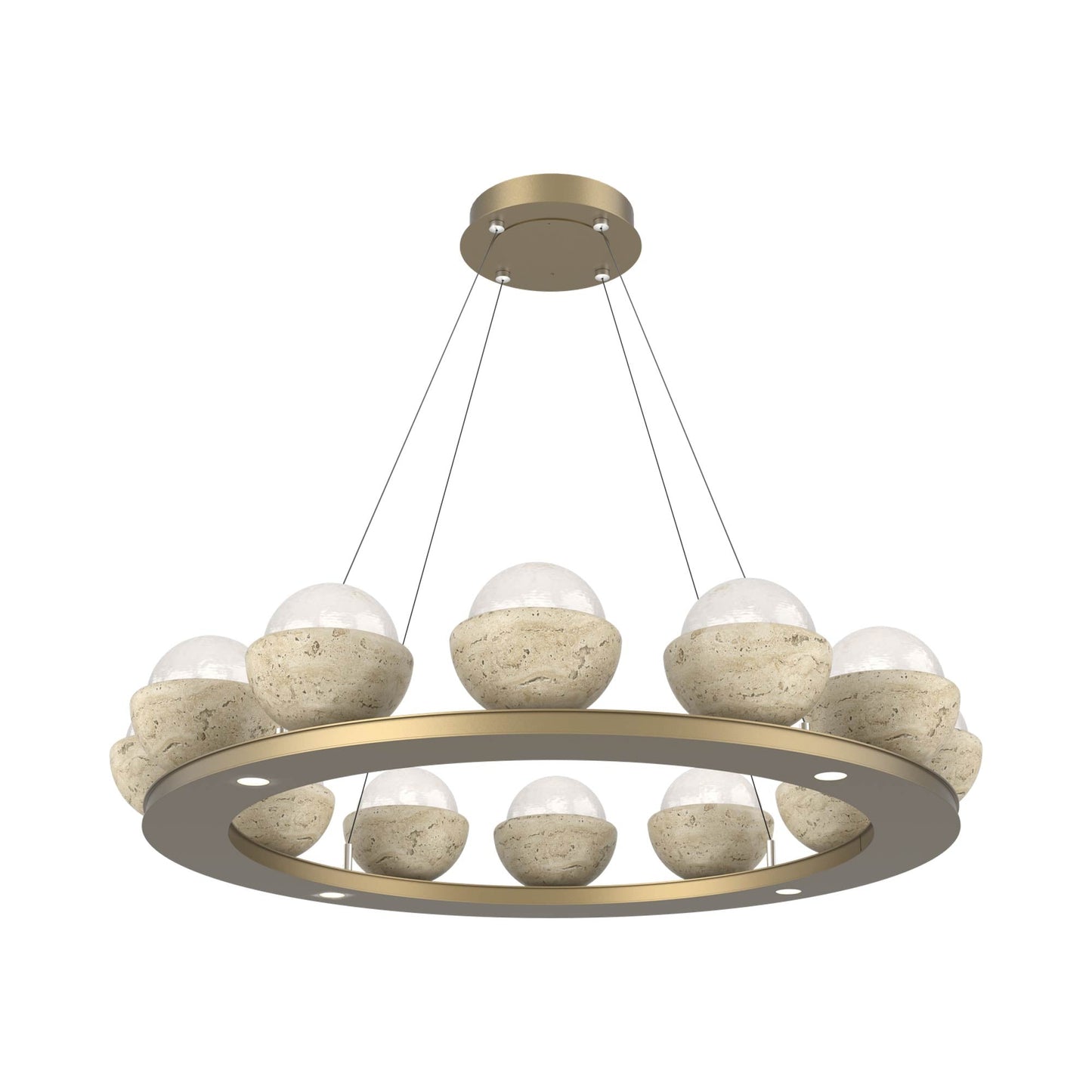 Cabochon Ring White LED Chandelier in Gilded Brass/Travertine (36.7-Inch).