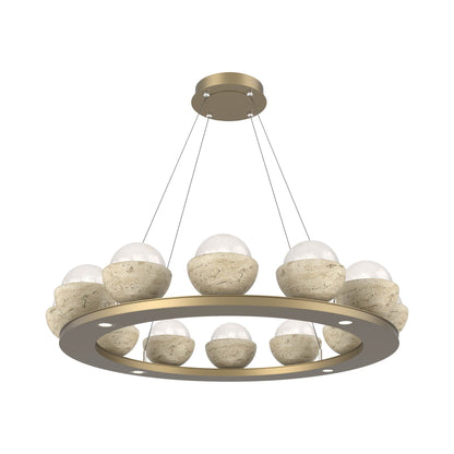 Cabochon Ring White LED Chandelier in Gilded Brass/Travertine (36.7-Inch).