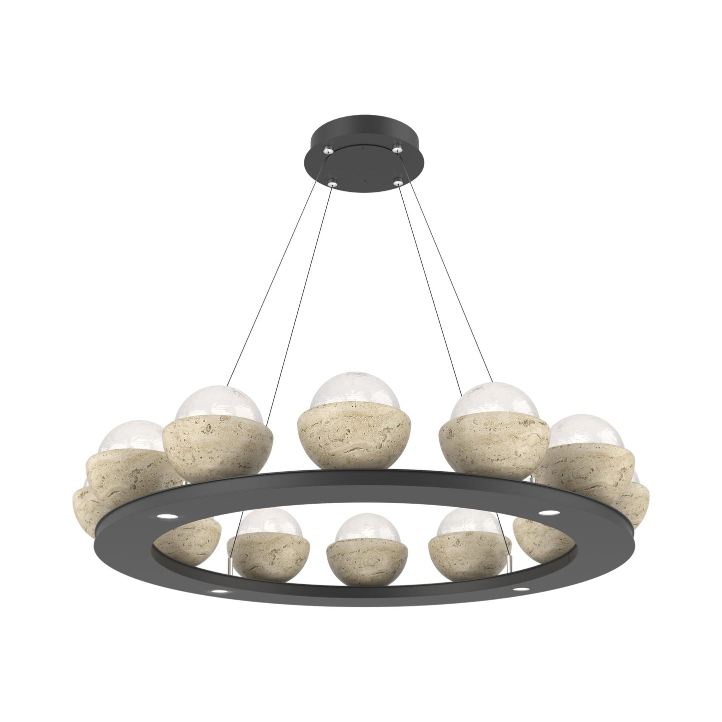Cabochon Ring White LED Chandelier in Matte Black/Travertine (36.7-Inch).