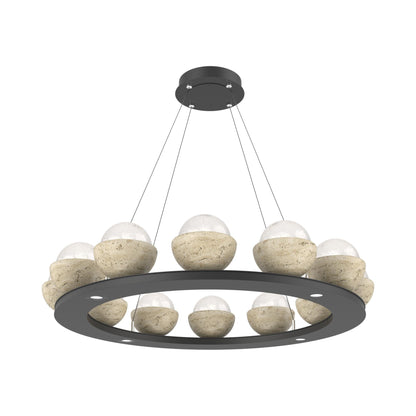 Cabochon Ring White LED Chandelier in Matte Black/Travertine (36.7-Inch).