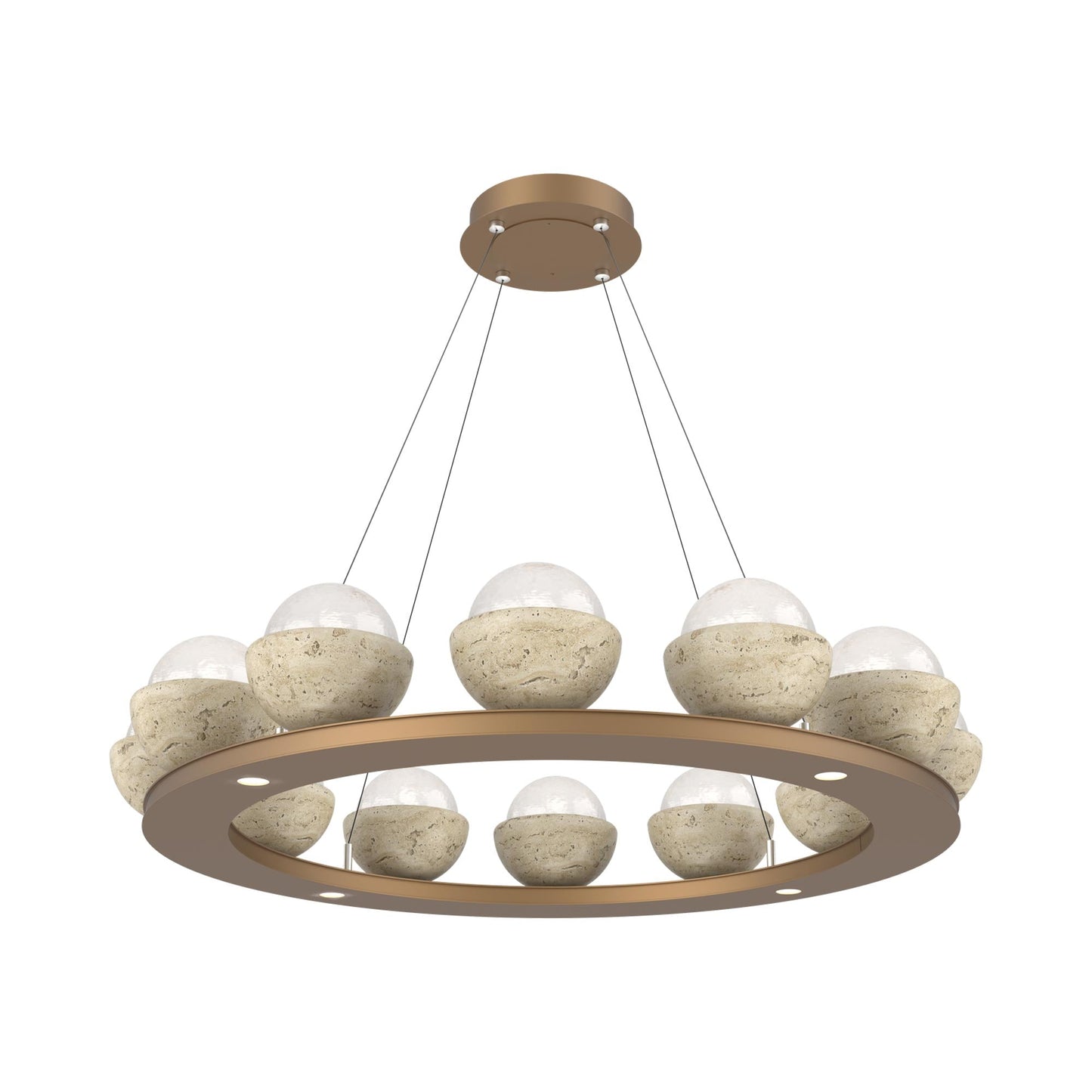 Cabochon Ring White LED Chandelier in Novel Brass/Travertine (36.7-Inch).