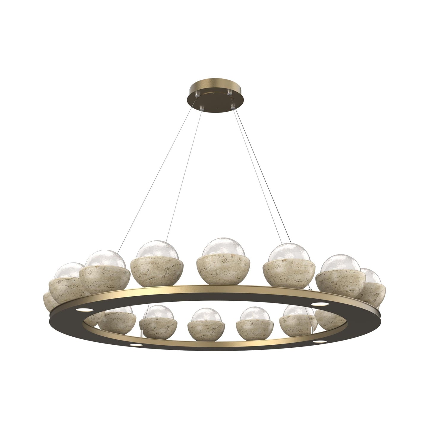 Cabochon Ring White LED Chandelier in Gilded Brass/Travertine (46.8-Inch).