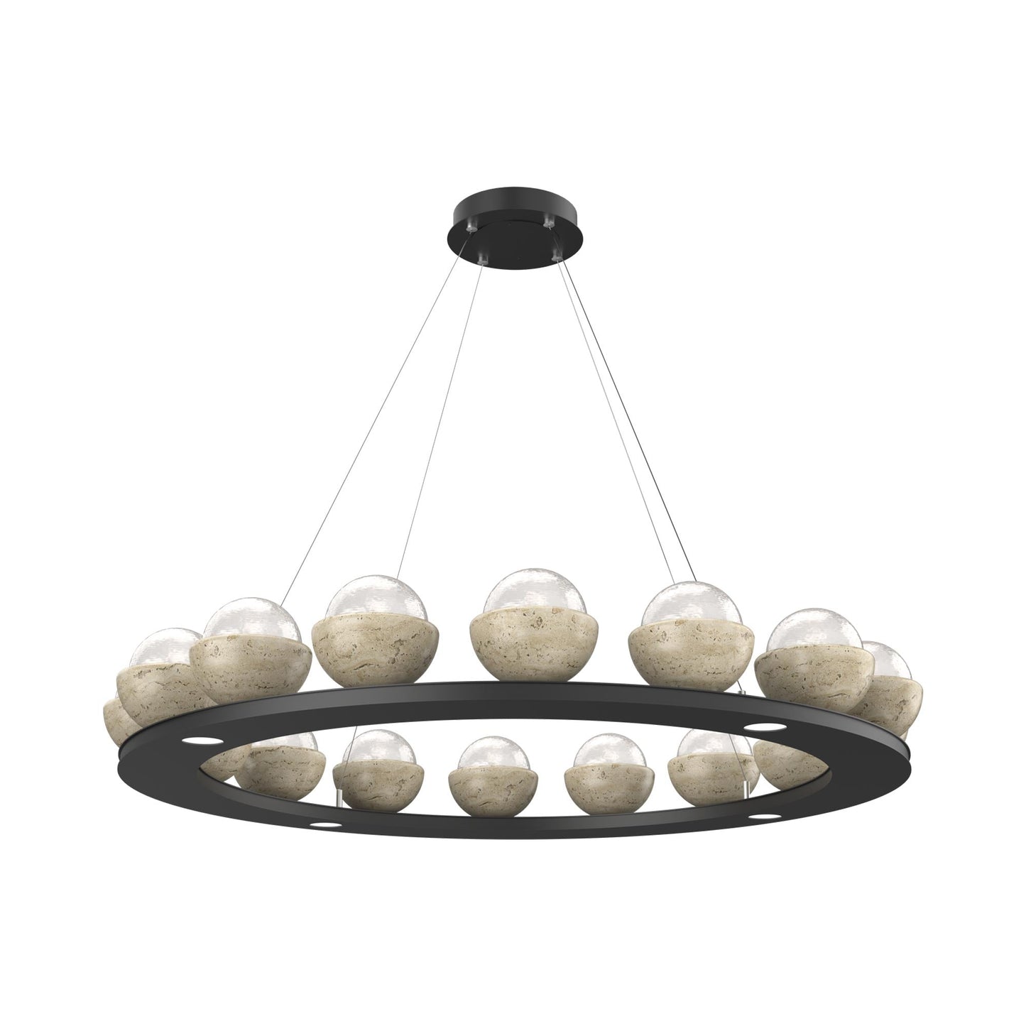 Cabochon Ring White LED Chandelier in Matte Black/Travertine (46.8-Inch).