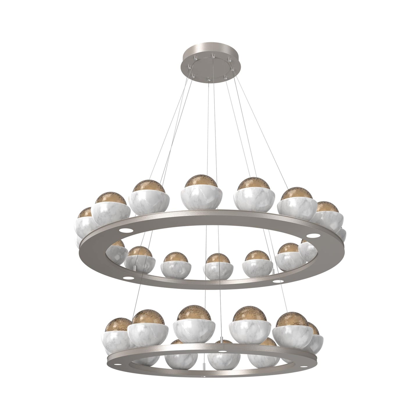 Cabochon Two-Tier Ring LED Chandelier in Beige Silver/Bronze Blown Glass (White Marble).