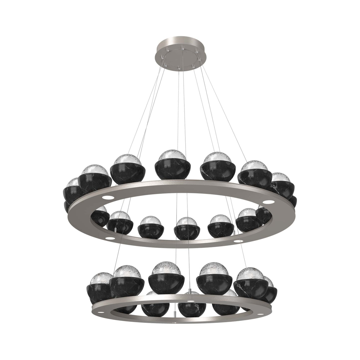 Cabochon Two-Tier Ring LED Chandelier in Beige Silver/Clear Blown Glass (Black Marble).