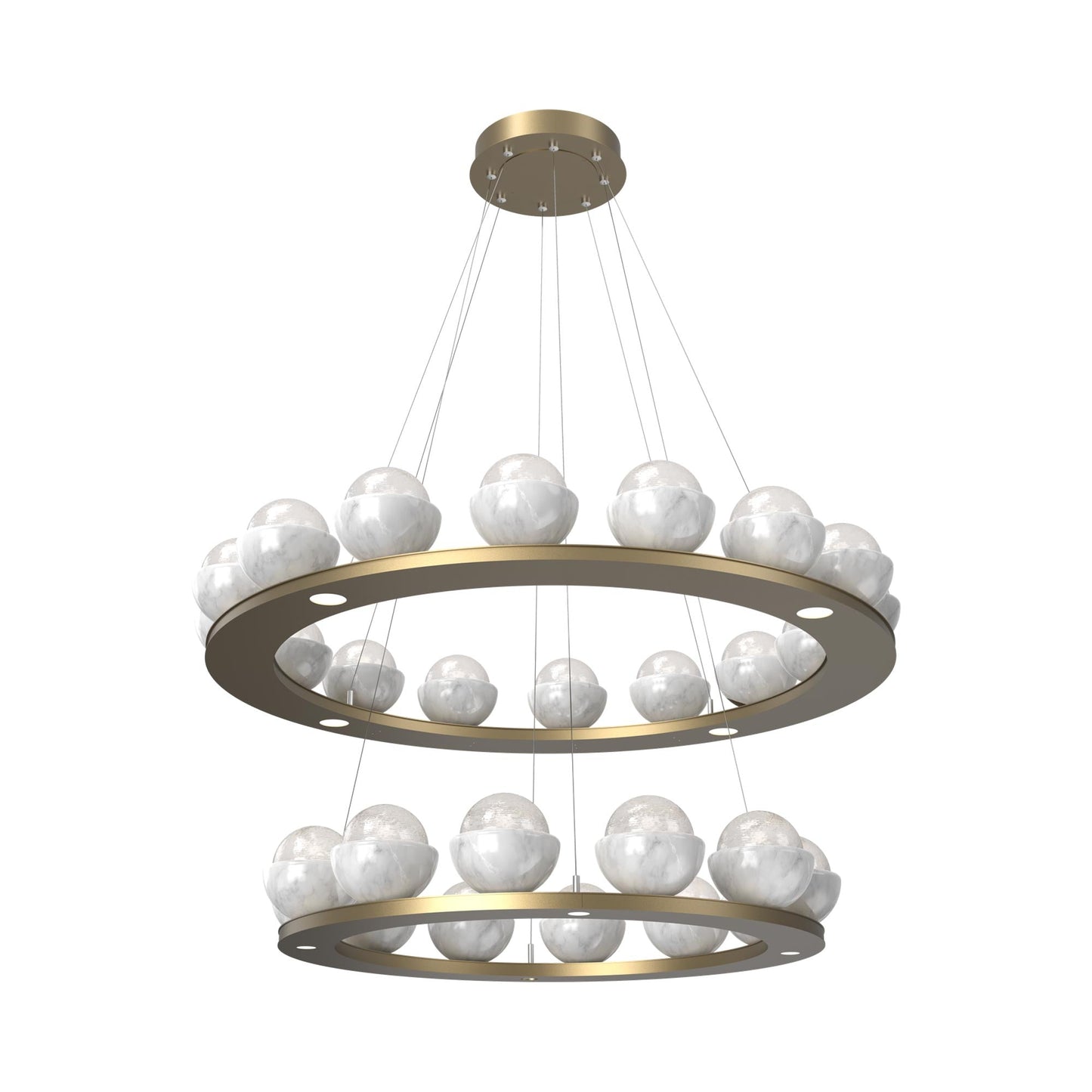 Cabochon Two-Tier Ring LED Chandelier in Gilded Brass/White Blown Glass (White Marble).