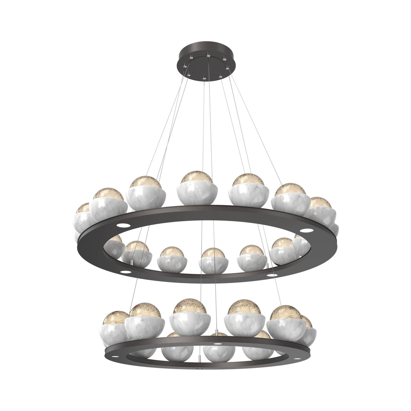 Cabochon Two-Tier Ring LED Chandelier in Graphite/Amber Blown Glass (White Marble).
